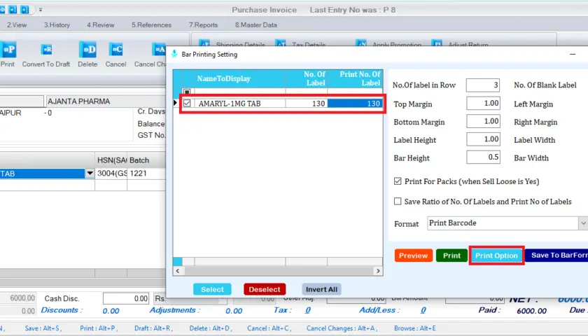 Bar Printing Setting