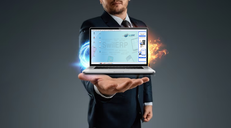 The person is standing,  with a laptop in their hands. The laptop is open and the home screen of SwilERP Software is displayed. The home screen shows a list of icons for different modules of the software, such as Inventory, Sales, and Accounting.
