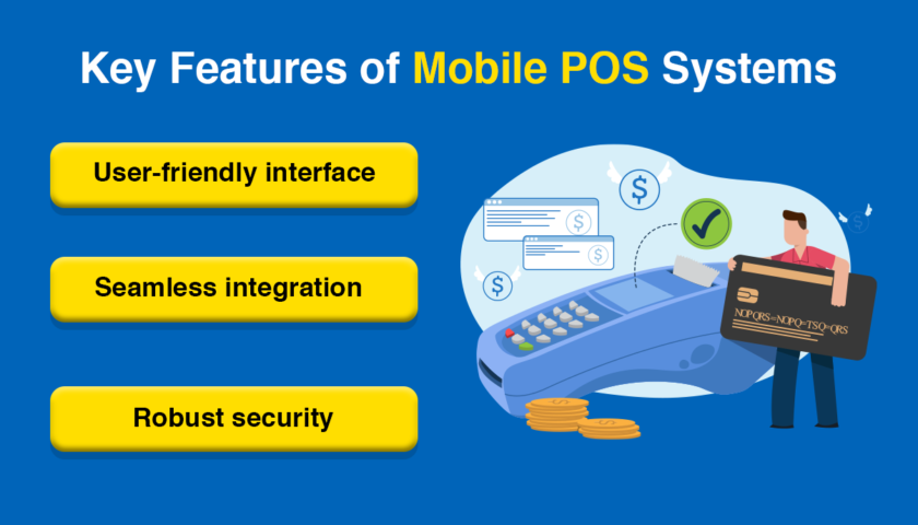 Graphic highlighting Key Features of Mobile POS Systems with bullet points for User-friendly interface, Seamless integration, and Robust security, alongside a visual of a credit card terminal and secure transactions