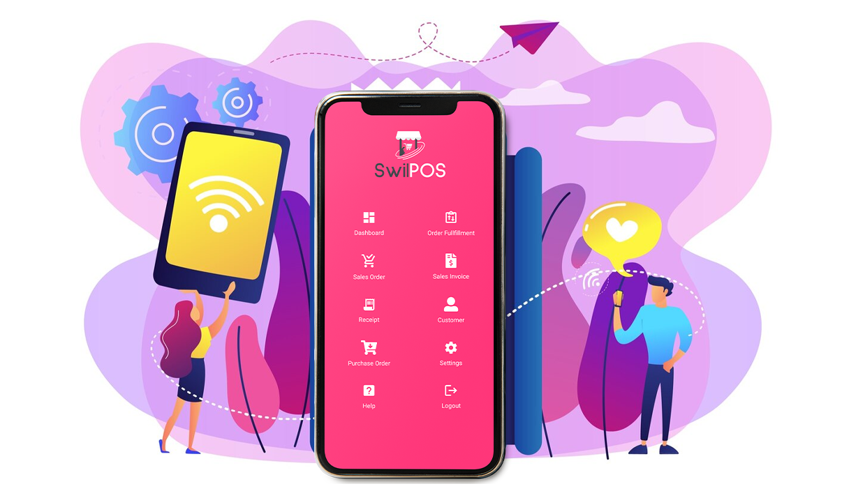 Colorful illustration featuring a smartphone with 'SwilPOS' UI, displaying menu options such as Dashboard and Sales Order, with abstract tech elements and users interacting in the background, representing advanced mobile POS technology.
