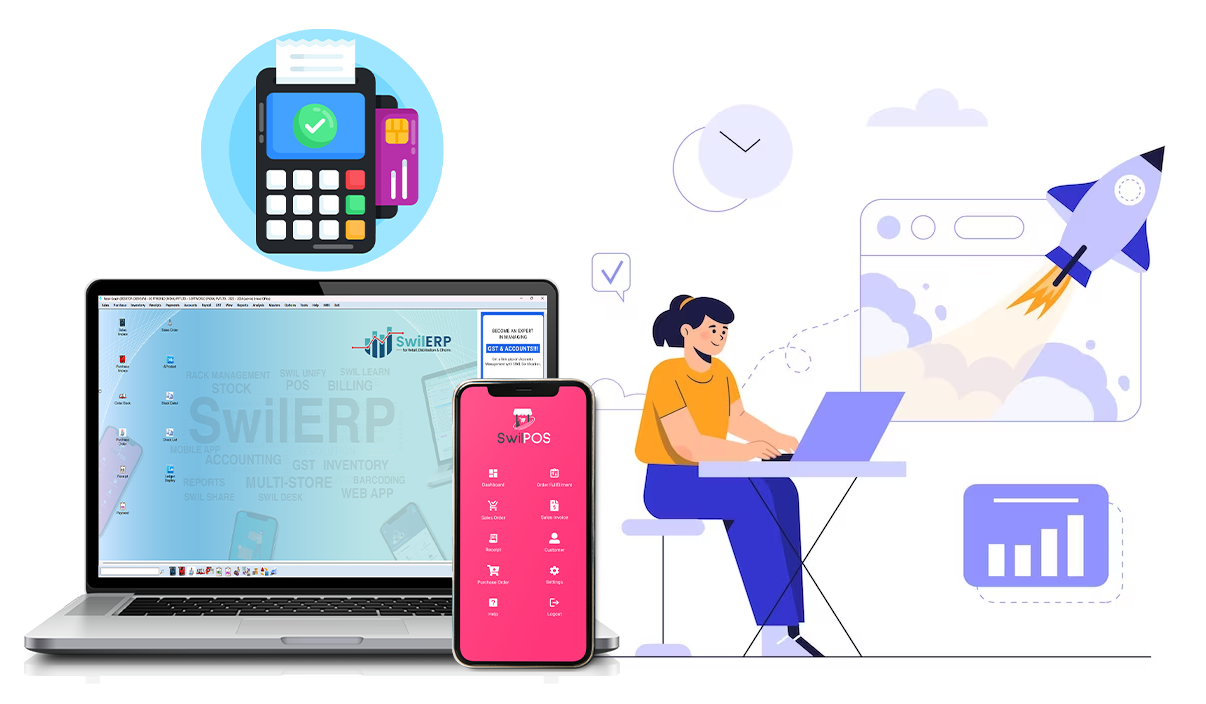 A visual layout displaying 'Choosing the Right Mobile POS System for Your Business', highlighting a POS terminal with receipt printer, a laptop with SwilERP interface, and a mobile device with SwilPOS interface, alongside key considerations of Cost, Scalability, and Compatibility.