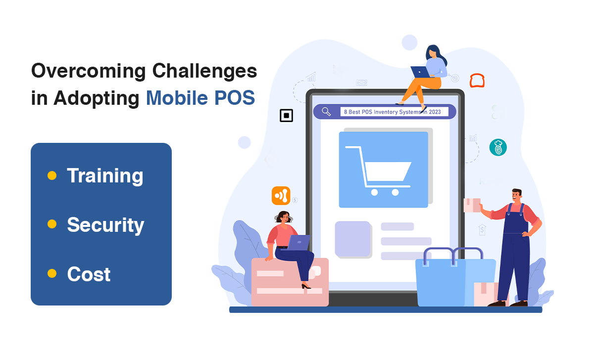 Illustrative banner for 'Overcoming Challenges in Adopting Mobile POS' with icons for Training, Security, and Cost, alongside a digital tablet displaying POS options.