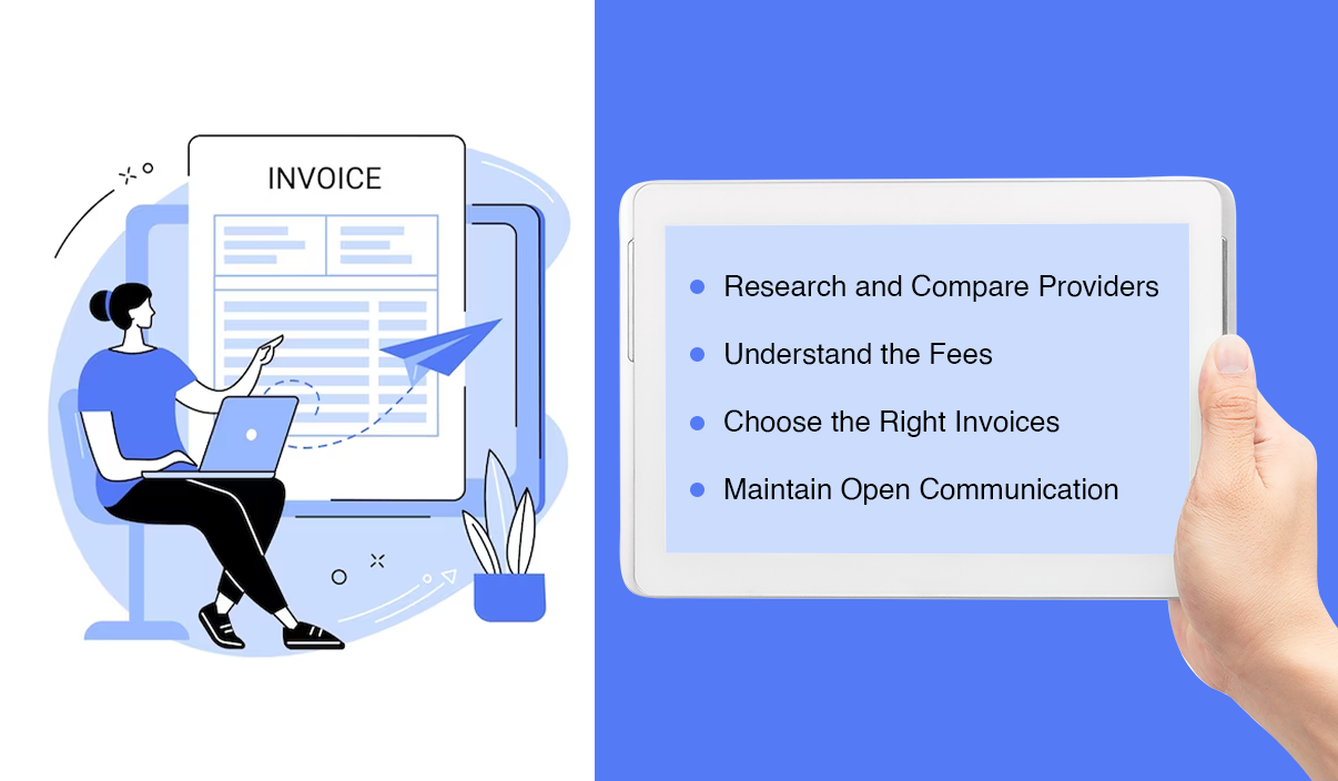 Infographic explaining invoice funding steps with a woman on a laptop and a hand holding a tablet listing key points such as researching providers and understanding fees