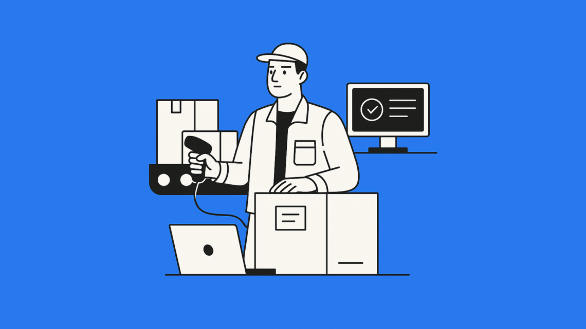 Minimal flat-style illustration of a distribution center dispatch process, with workers moving boxes and a delivery truck in the background. Illustration uses only black, white, and a blue backgroun