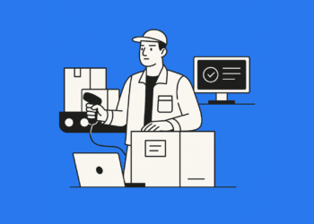 Minimal flat-style illustration of a distribution center dispatch process, with workers moving boxes and a delivery truck in the background. Illustration uses only black, white, and a blue backgroun