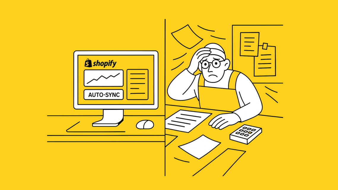 Minimal flat-style illustration on a yellow background showing two characters split by a line—one working calmly on a white laptop in an organized space, the other stressed with scattered papers and clutter, representing a contrast between digital efficiency and manual chaos