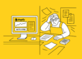 Minimal flat-style illustration on a yellow background showing two characters split by a line—one working calmly on a white laptop in an organized space, the other stressed with scattered papers and clutter, representing a contrast between digital efficiency and manual chaos
