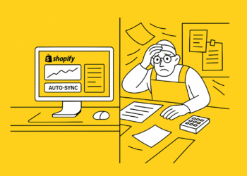 Minimal flat-style illustration on a yellow background showing two characters split by a line—one working calmly on a white laptop in an organized space, the other stressed with scattered papers and clutter, representing a contrast between digital efficiency and manual chaos