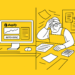 Minimal flat-style illustration on a yellow background showing two characters split by a line—one working calmly on a white laptop in an organized space, the other stressed with scattered papers and clutter, representing a contrast between digital efficiency and manual chaos