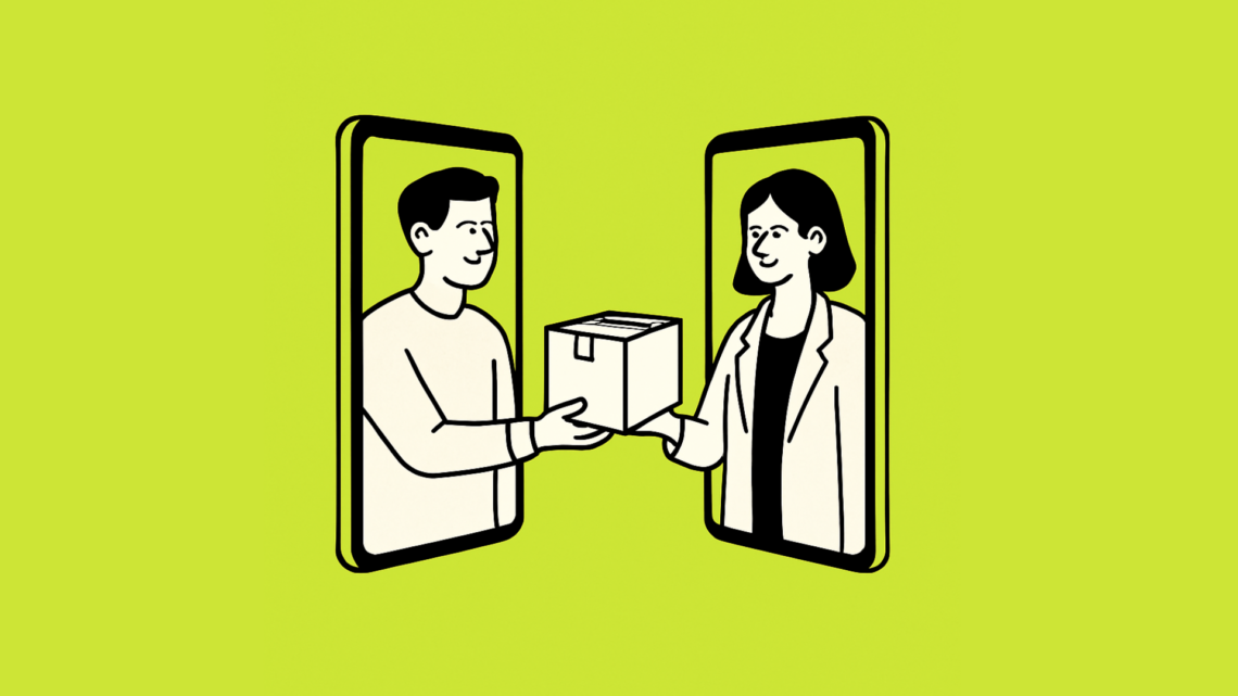 Bold flat-style illustration on a lime green background showing two people exchanging a small task package through mobile phones, representing mobile app delegation