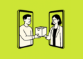 Bold flat-style illustration on a lime green background showing two people exchanging a small task package through mobile phones, representing mobile app delegation