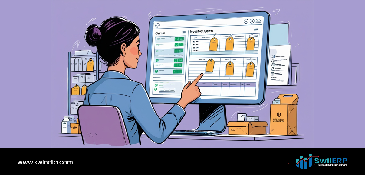 "Professional pharmacist reviewing inventory reports on a computer screen displaying Medical Store ERP dashboard with stock levels and product tracking, surrounded by organized medicine shelves and delivery packages in a modern pharmacy setting."