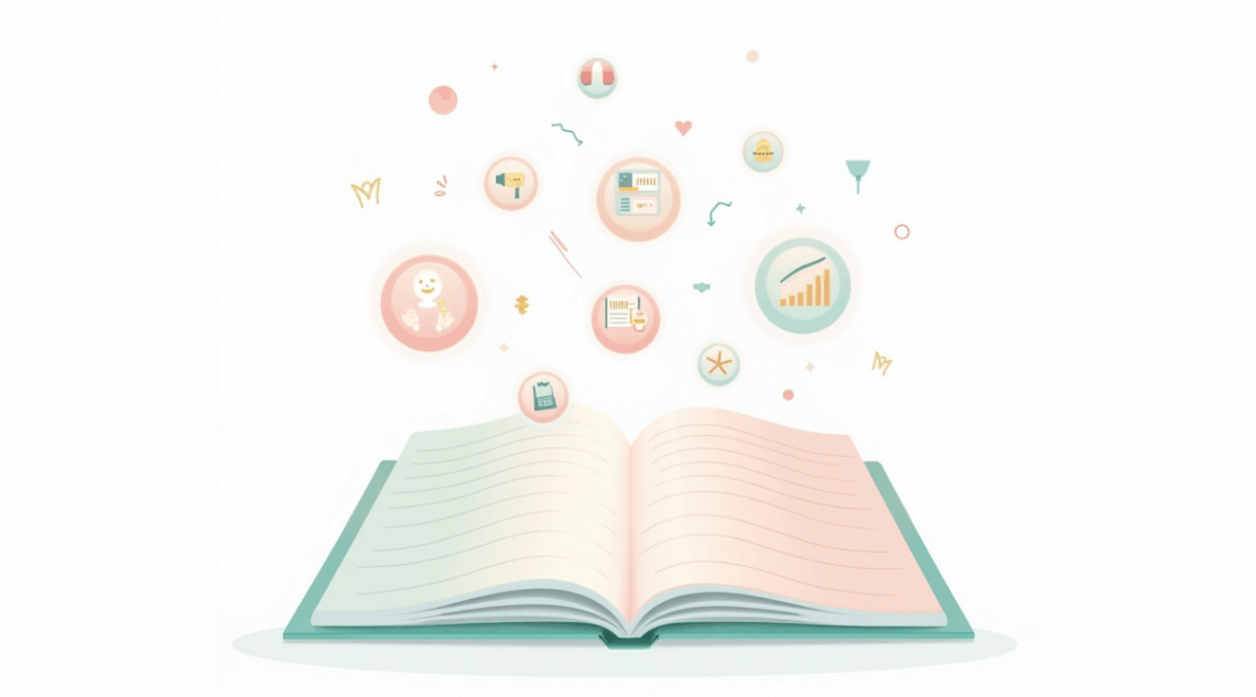 An open book with blank lined pages sits at the bottom of the image, with the left page appearing in light green and the right page in soft pink. Above the book, various business and academic icons float in circular bubbles, including charts and graphs, documents, a lightbulb with gears, a calculator, an umbrella, a funnel, and other symbols representing knowledge, data analysis, and learning. Small decorative elements like stars, arrows, and geometric shapes are scattered throughout the background in soft pastel colors. The illustration represents the concept of knowledge emerging from books or educational content being transformed into practical business applications and insights.