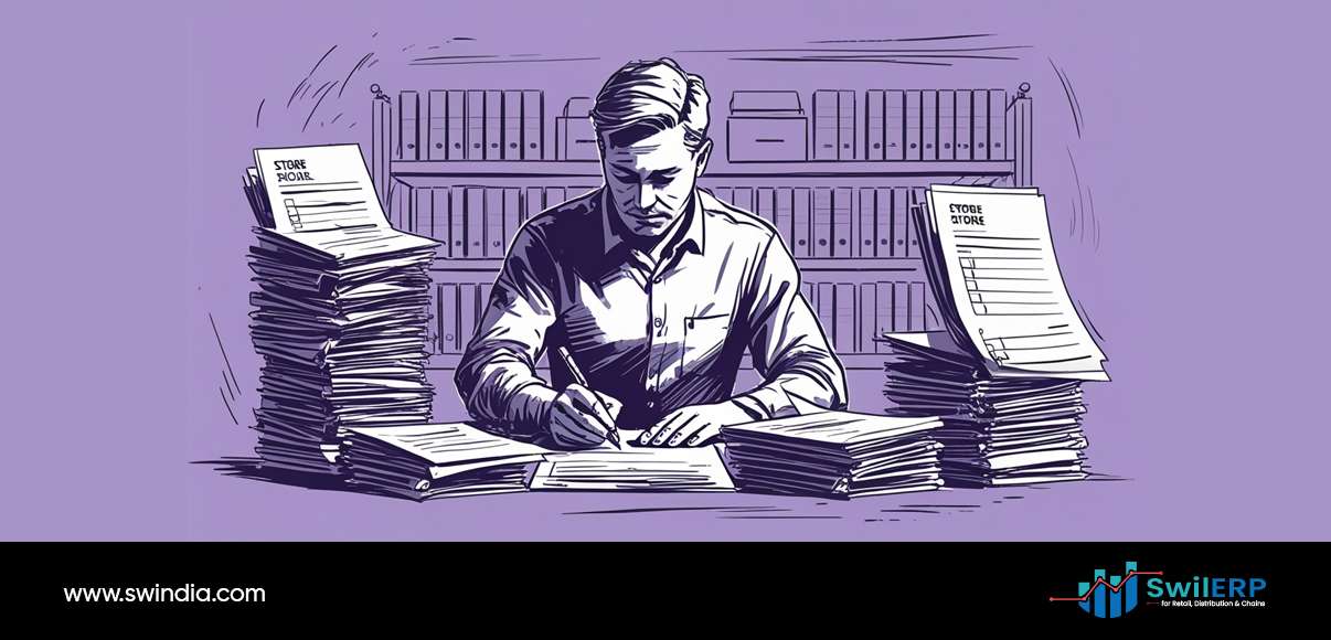 A medical store owner sits at a desk overwhelmed by towering stacks of paperwork and documents, writing manually while surrounded by filing cabinets full of records in the background. The monochromatic purple illustration shows the person struggling with manual inventory management and record-keeping tasks that could be automated with a Medical Store ERP system. The scene depicts the time-consuming nature of traditional paper-based medical store operations, as indicated by the SwiERP branding at the bottom for retail distribution and chains.