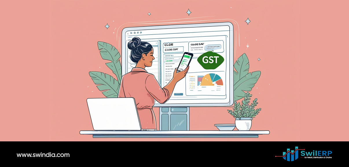 "Professional woman using Medical Store ERP software on desktop computer to manage GST compliance and financial reporting, holding mobile device while reviewing tax calculations and business analytics in a modern office environment with decorative plants."
