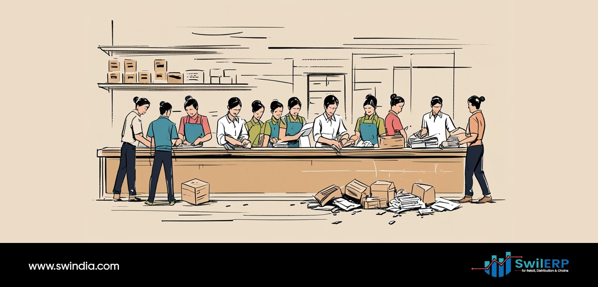 A busy medical store scene showing multiple pharmacy staff members working together behind a long counter, handling various tasks including customer service, inventory management, and prescription processing. The illustration depicts the daily operations of a medical store with shelves of medicines and supplies visible in the background, boxes and documents scattered on the floor, and employees in different colored uniforms managing the workflow. This represents the complex operations that can be managed through a Medical Store ERP system, as indicated by the SwiERP branding at the bottom for retail distribution and chains.