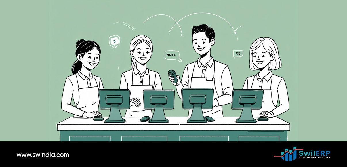 "Four friendly pharmacy staff members working together at point-of-sale terminals in a modern medical store, demonstrating how Medical Store ERP software helps manage daily pharmacy operations with digital systems and teamwork."