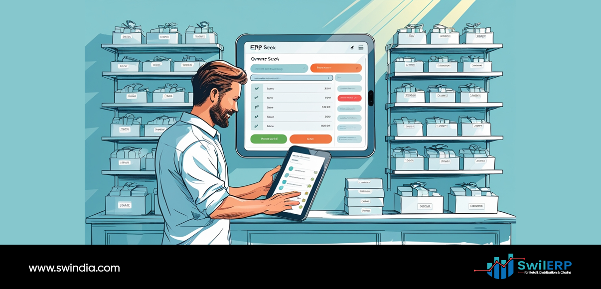 A pharmacist works confidently with a tablet device in a well-organized medical store, with shelves of medicine boxes neatly arranged on both sides. A large digital interface displays "ERP Stock" and "Summer Stock" with various inventory management features including progress bars, checkmarks, and status indicators showing real-time stock levels. The scene illustrates the modern digital transformation of pharmacy operations through a Medical Store ERP system, demonstrating how technology streamlines inventory management and stock tracking, as indicated by the SwiERP branding at the bottom for retail distribution and chains.