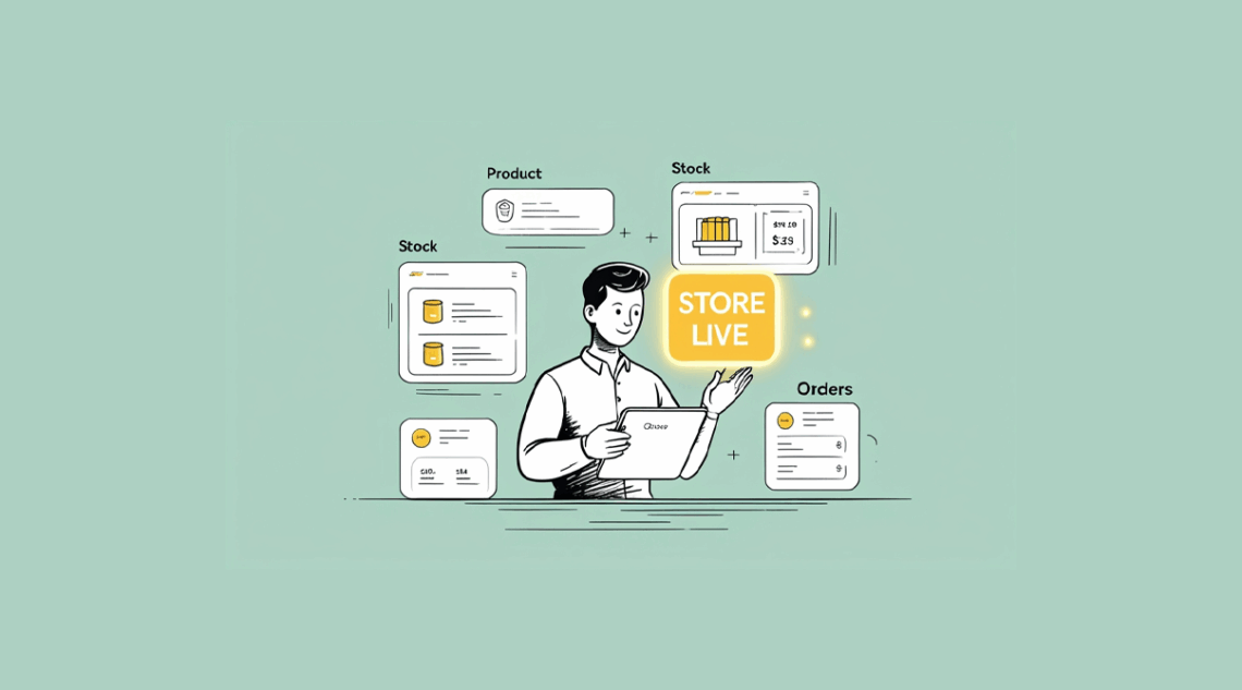A smiling business person in a white shirt holds a tablet while surrounded by floating interface panels showing Product management, Stock tracking with item listings, Stock inventory with charts and pricing ($33), and Orders management. A bright yellow "STORE LIVE" badge highlights the active online store status on a soft green background.