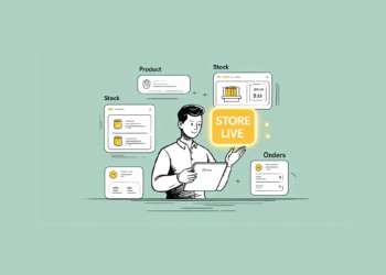 A smiling business person in a white shirt holds a tablet while surrounded by floating interface panels showing Product management, Stock tracking with item listings, Stock inventory with charts and pricing ($33), and Orders management. A bright yellow "STORE LIVE" badge highlights the active online store status on a soft green background.