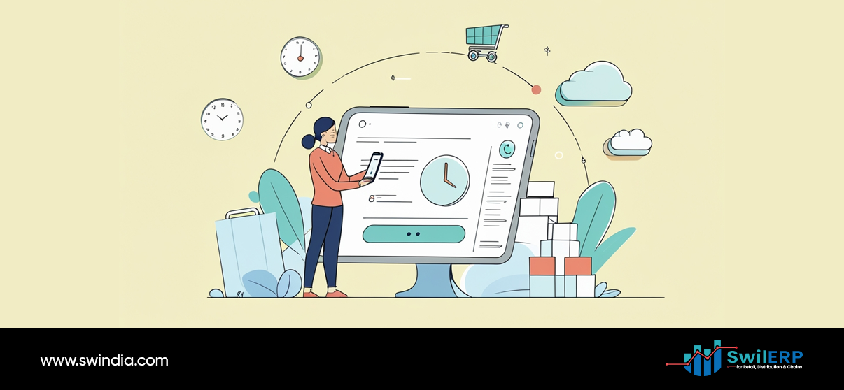 SwilMart syncs with SwilERP - integrated retail platform with woman managing orders through mobile and desktop interfaces, featuring time tracking, cloud storage, and inventory analytics
