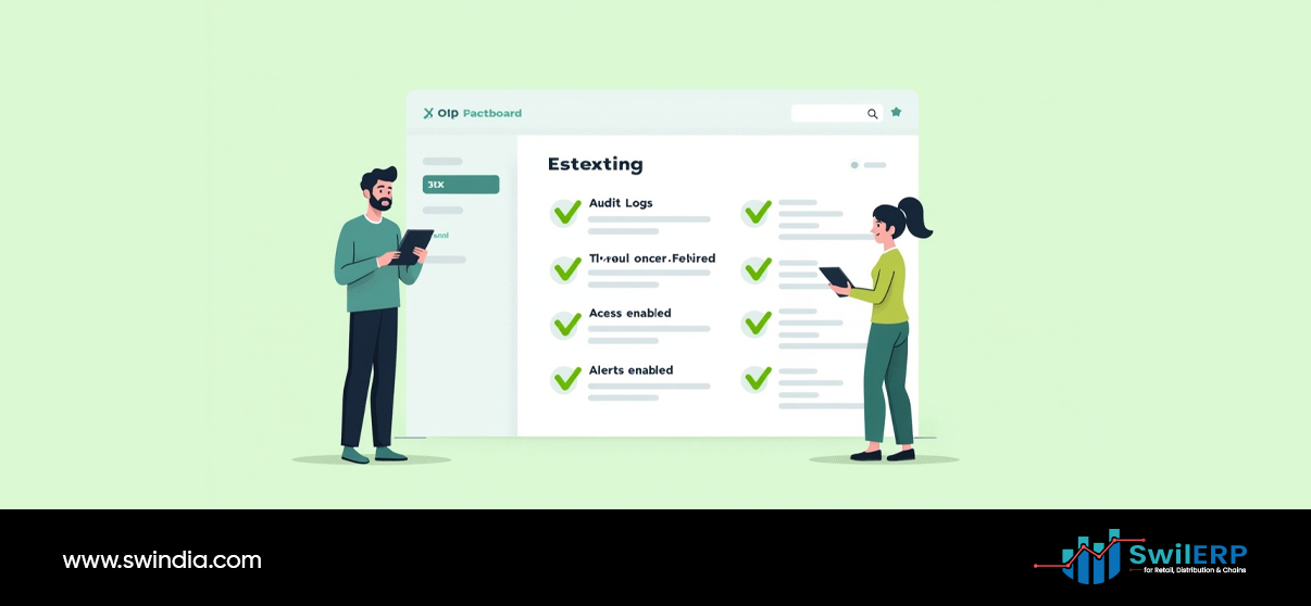 Two IT professionals reviewing security dashboard displaying audit logs, threat detection alerts, access controls, and system monitoring features with green checkmarks, demonstrating active Theft Detection and cybersecurity measures in enterprise software systems.
