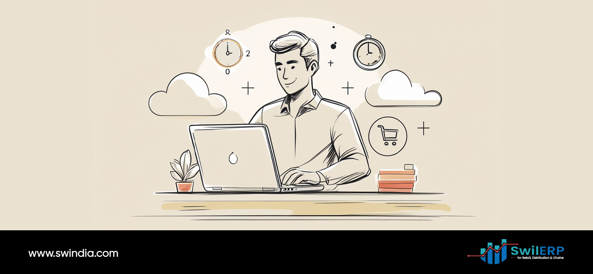 Getting Online with SwilMart businessman working on laptop with cloud storage, time management, and shopping cart features for digital commerce