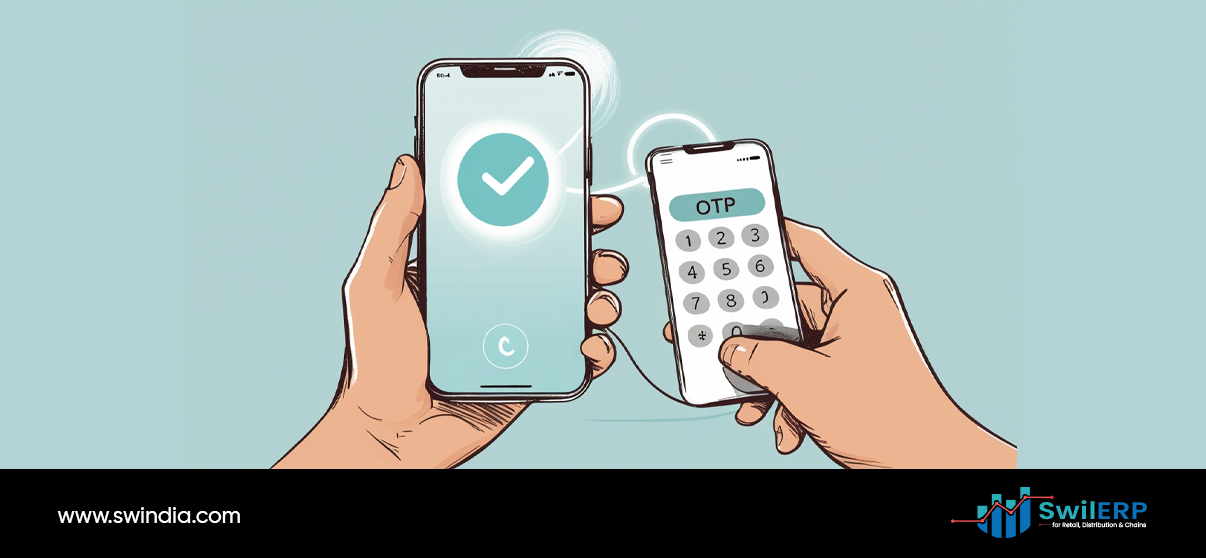 SwilMart syncs with SwilERP - dual mobile phone setup with order confirmation screen and OTP verification keypad for secure retail transaction processing