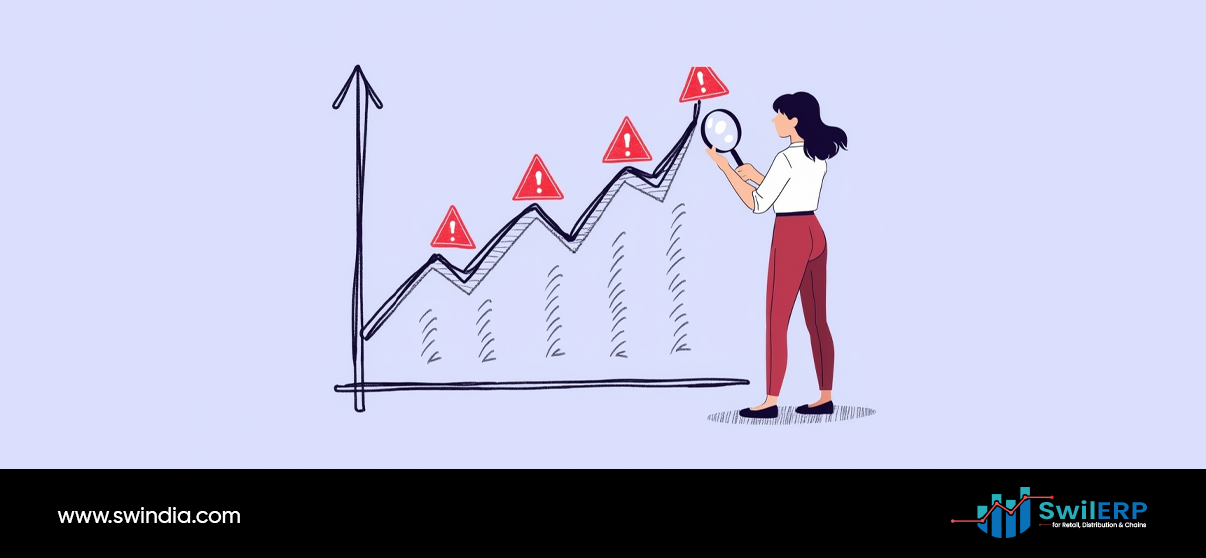 Business analyst using magnifying glass to examine upward trending graph with red warning alert symbols, illustrating data analysis and monitoring techniques used in Theft Detection systems to identify suspicious patterns and anomalies.