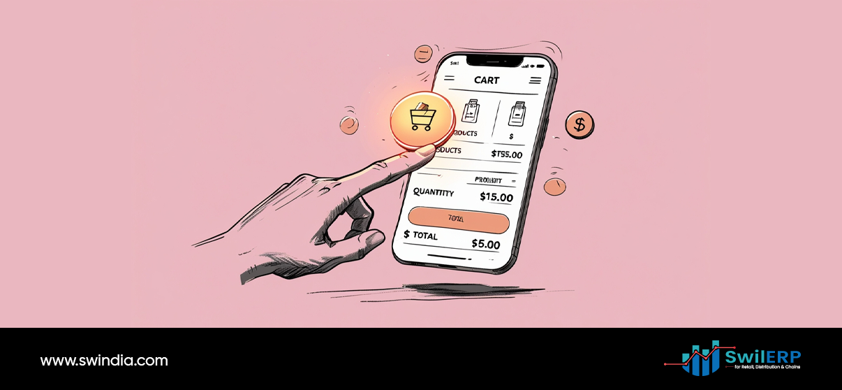 SwilMart syncs with SwilERP - mobile cart screen displaying product total, quantity controls, and checkout functionality for retail order management system