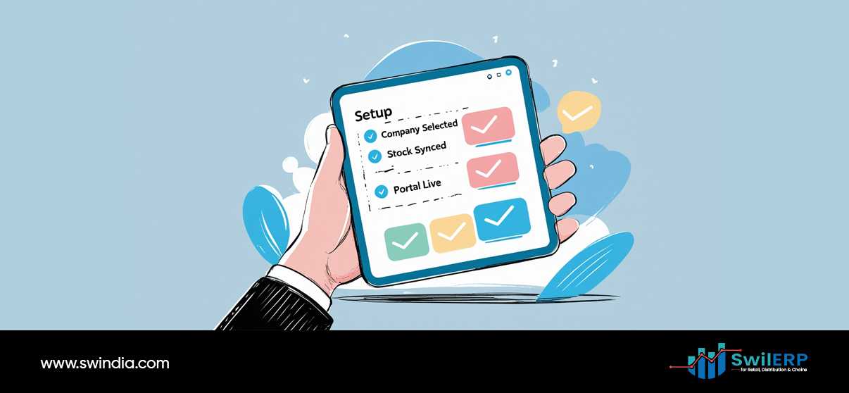 SwilMart syncs with SwilERP setup process showing completed steps including company selection, stock synchronization, and portal activation on mobile device interface.