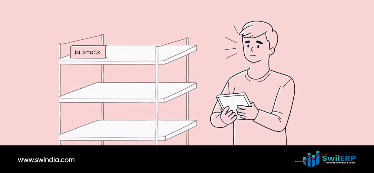 Concerned store employee holding tablet while checking empty inventory shelves labeled 'IN STOCK', illustrating the need for Theft Detection systems to monitor stock discrepancies and prevent merchandise loss in retail environments.