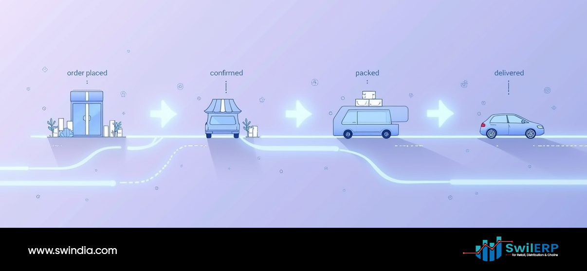 SwilMart order tracking process showing four stages from order placed to delivered, with SwilERP integration managing the complete workflow from storefront to customer delivery.