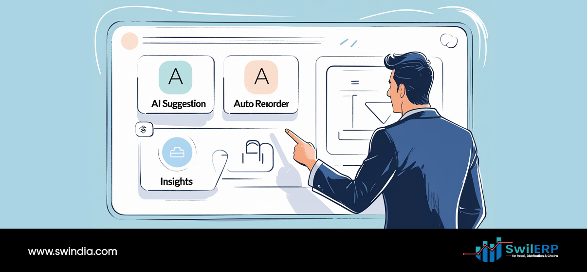 A business professional in a dark suit points at a computer interface displaying SwilMart features including AI Suggestion, Auto Reorder, and Insights modules. The screen shows various icons and interface elements while the person interacts with the digital platform. The SwilERP logo appears in the bottom right corner with the website www.swindia.com displayed at the bottom left.