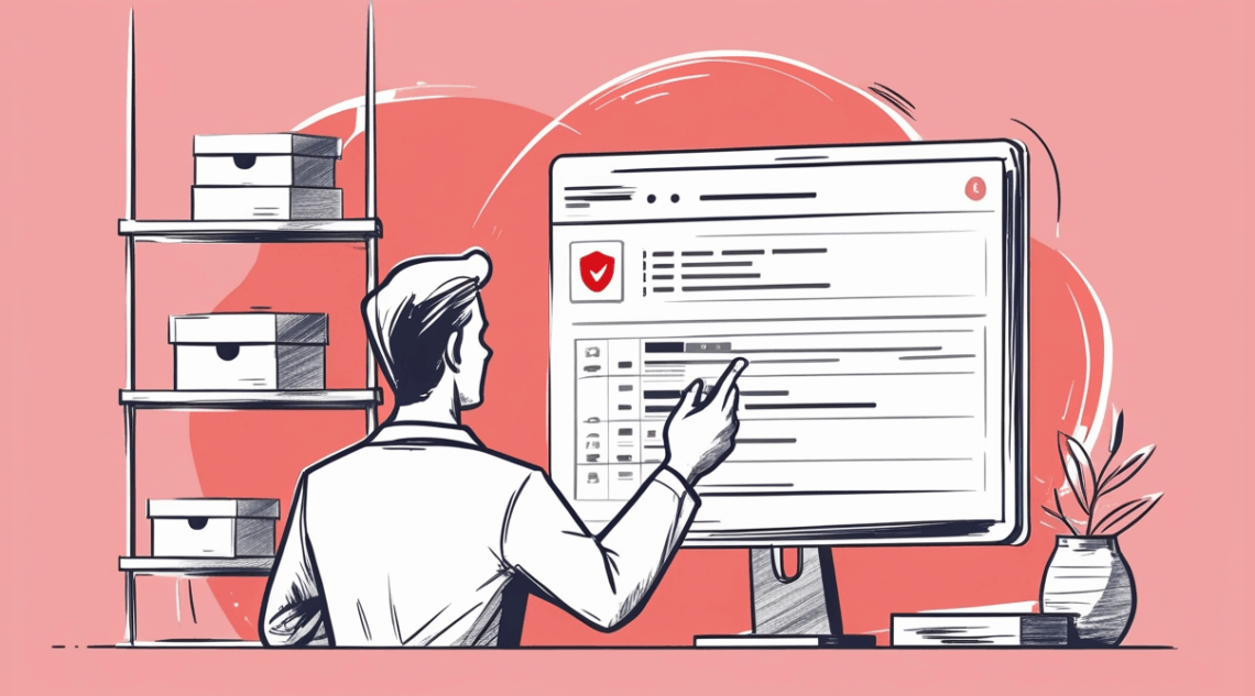 Business professional working at computer desk reviewing security checklist with red verification checkmark, surrounded by organized file storage boxes, demonstrating systematic approach to Theft Detection and inventory management protocols.