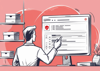 Business professional working at computer desk reviewing security checklist with red verification checkmark, surrounded by organized file storage boxes, demonstrating systematic approach to Theft Detection and inventory management protocols.