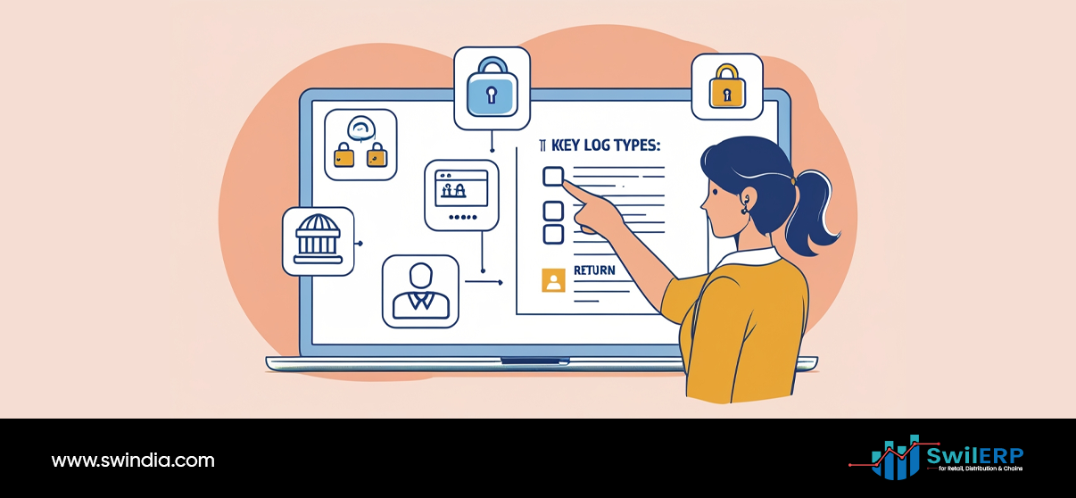 Business professional reviewing security system interface on laptop displaying key log types, user authentication, and return tracking features designed for Theft Detection and fraud prevention in retail and pharmacy management systems.