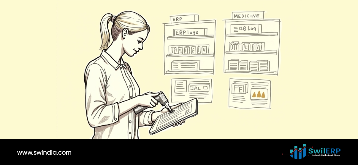 Professional woman scanning barcode on tablet device while reviewing ERP system logs and medicine inventory records displayed on wall charts, demonstrating digital tracking methods used for Theft Detection and inventory management in healthcare facilities.