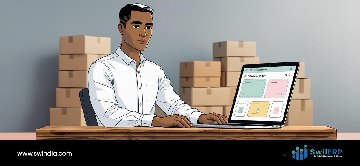 Business professional working on laptop with SwilMart order management system in warehouse setting with shipping boxes, demonstrating SwilMart vs marketplaces inventory and fulfillment capabilities