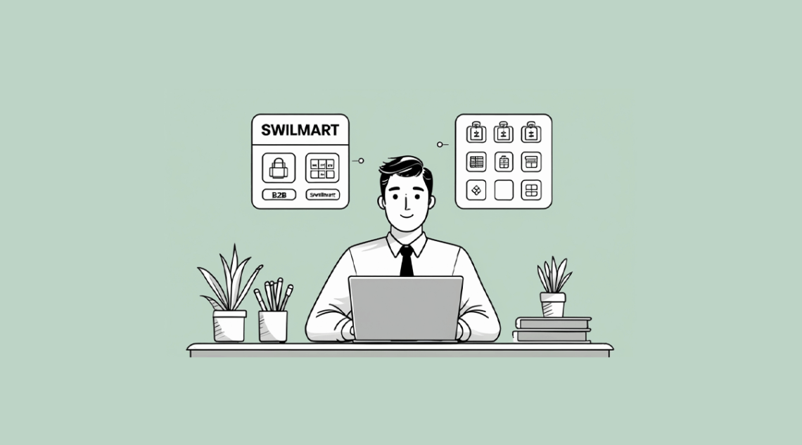 An illustration of a man working on a laptop with two distinct interfaces floating above. On the left is "SWILMART" with a padlock and shopping cart icon, labeled "B2B SwilMart". On the right are several generic grid icons representing various marketplaces. This visual compares SwilMart to other marketplaces.