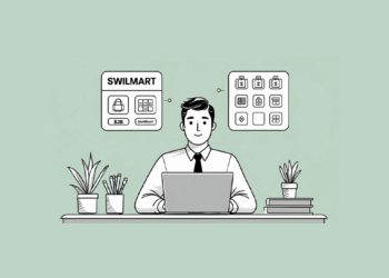 An illustration of a man working on a laptop with two distinct interfaces floating above. On the left is "SWILMART" with a padlock and shopping cart icon, labeled "B2B SwilMart". On the right are several generic grid icons representing various marketplaces. This visual compares SwilMart to other marketplaces.