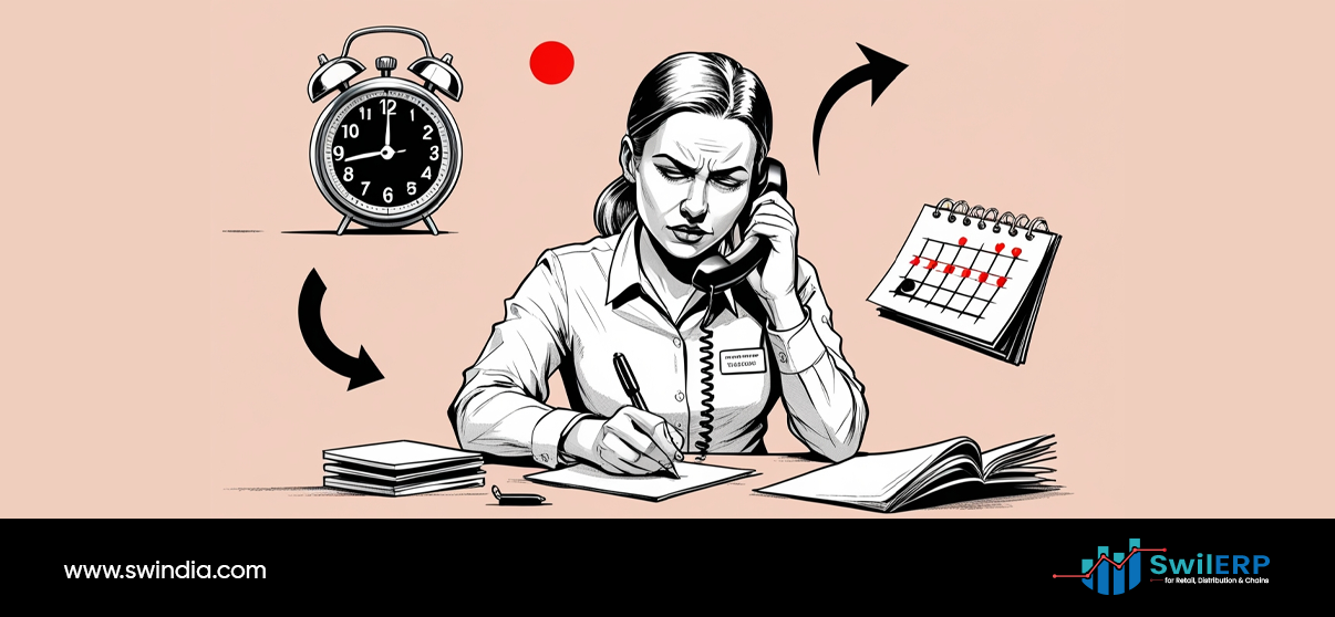 an illustration of a person overwhelmed by papers and phones, symbolizing the inefficiencies and chaos of manual order collection.