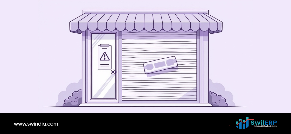 Closed pharmacy storefront with shuttered windows and warning notice on the door, illustrating business closure and operational disruption that occurs when a Pharmacist's License Expires , forcing the pharmacy to cease operations until renewal.