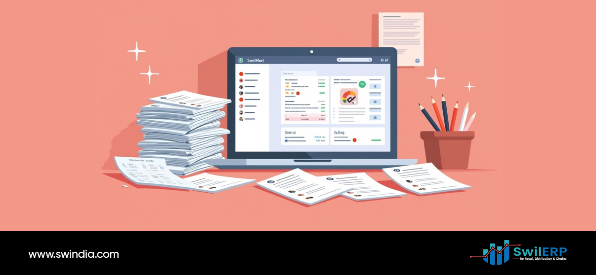 SwilMart dashboard displaying synchronized data with SwilERP system, showing inventory management, sales tracking, and billing features on laptop screen surrounded by organized business documents.