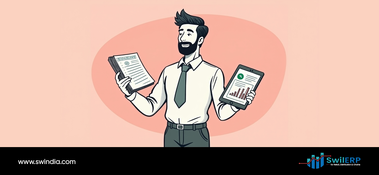 Business professional managing digital retail order management tasks with physical invoice and tablet analytics for retail order processing and tracking