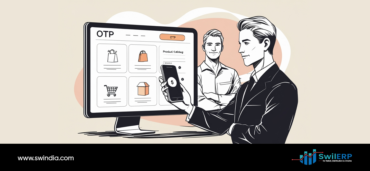 Illustration of a man holding a smartphone with a dollar sign on the screen, standing in front of a computer displaying a product catalog with shopping icons, representing online sales and customer interaction.