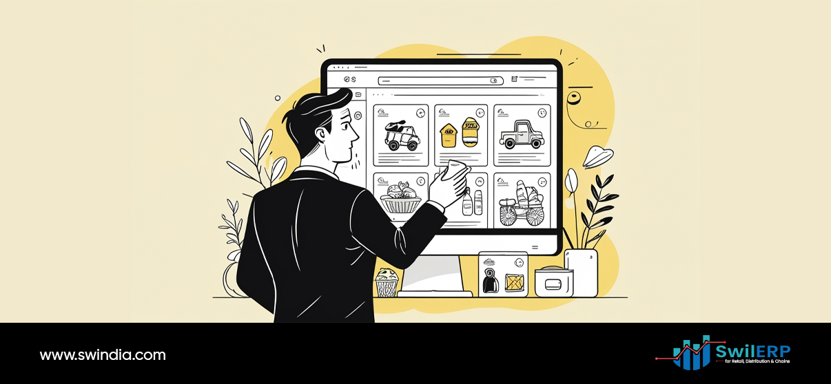 Business person browsing online marketplace on computer screen showing various product categories and shopping cart items, illustrating traditional marketplaces experience in SwilMart vs marketplaces comparison