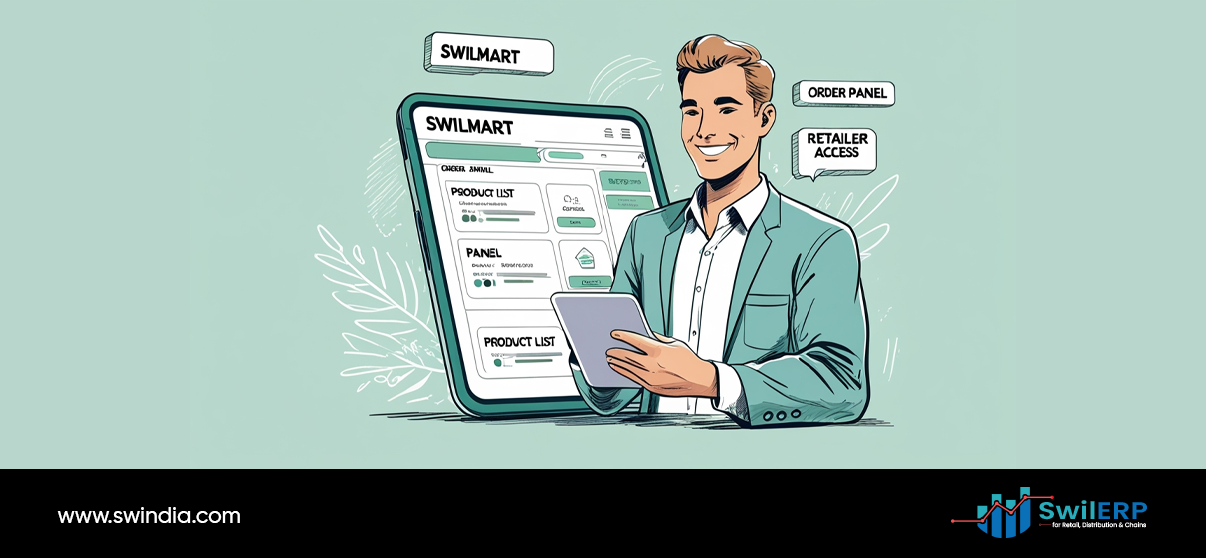 Business professional presenting SwilMart platform interface with order panel and retailer access features, demonstrating SwilMart vs marketplaces comparison for distribution management
