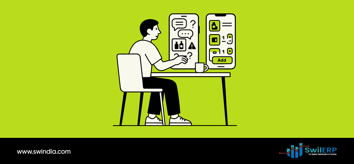 Professional managing digital retail order management system with product inquiry interface and secure order entry screens featuring lock security and add item functionality