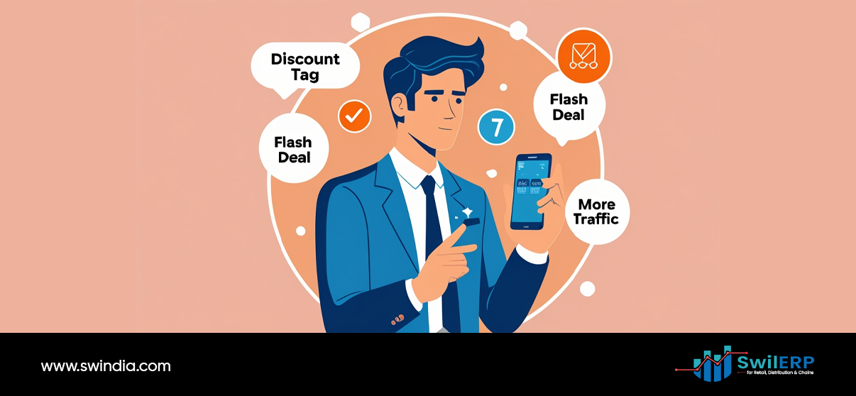 Business professional holding smartphone surrounded by marketing features including discount tags, flash deals, and more traffic indicators, showing SwilMart vs marketplaces promotional advantages